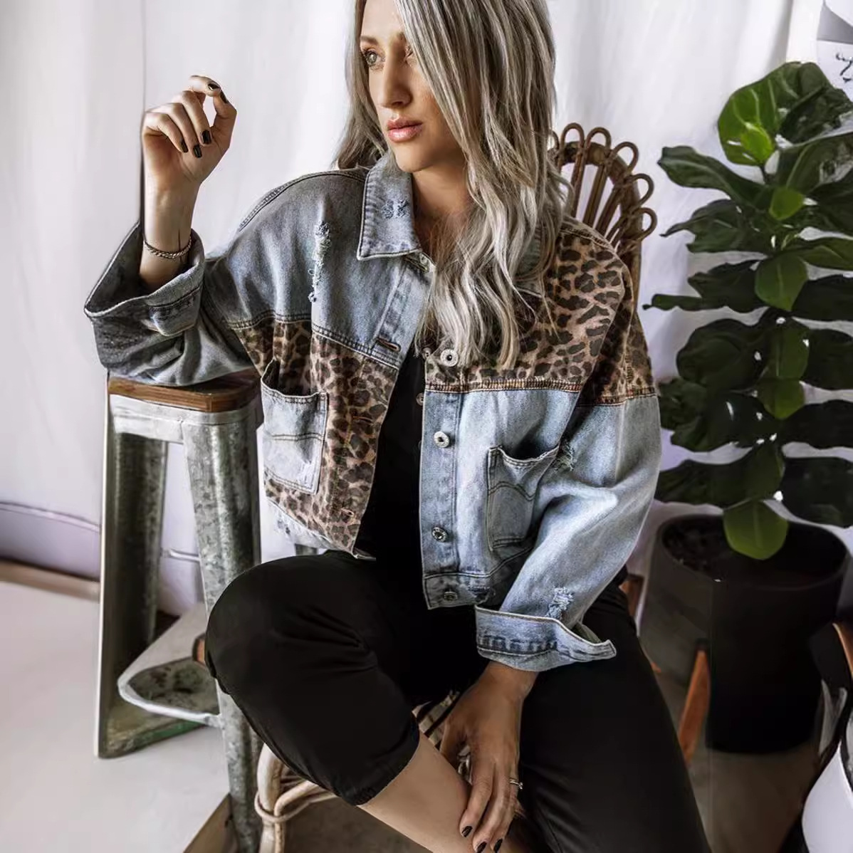 Denim Jacket Women Coat Leopar - Patchwork Jean Jacket reseña y precio