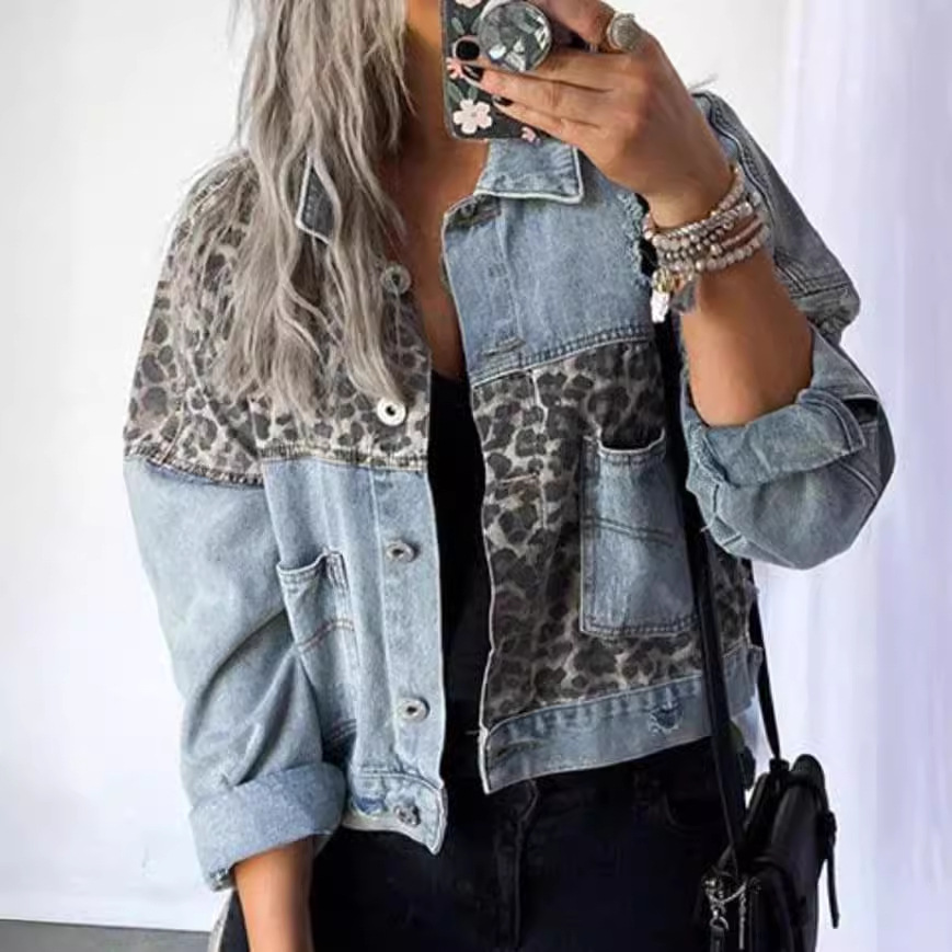 Denim Jacket Women Coat Leopar - Patchwork Jean Jacket reseña y precio