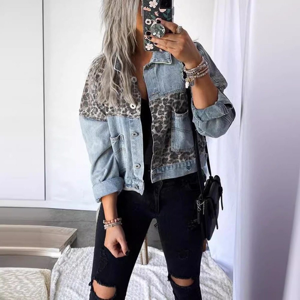 Denim Jacket Women Coat Leopar - Patchwork Jean Jacket reseña y precio