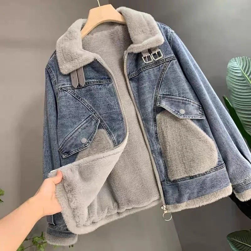 Faux Mink Velvet Stitching Den - Patchwork Jean Jacket reseña y precio