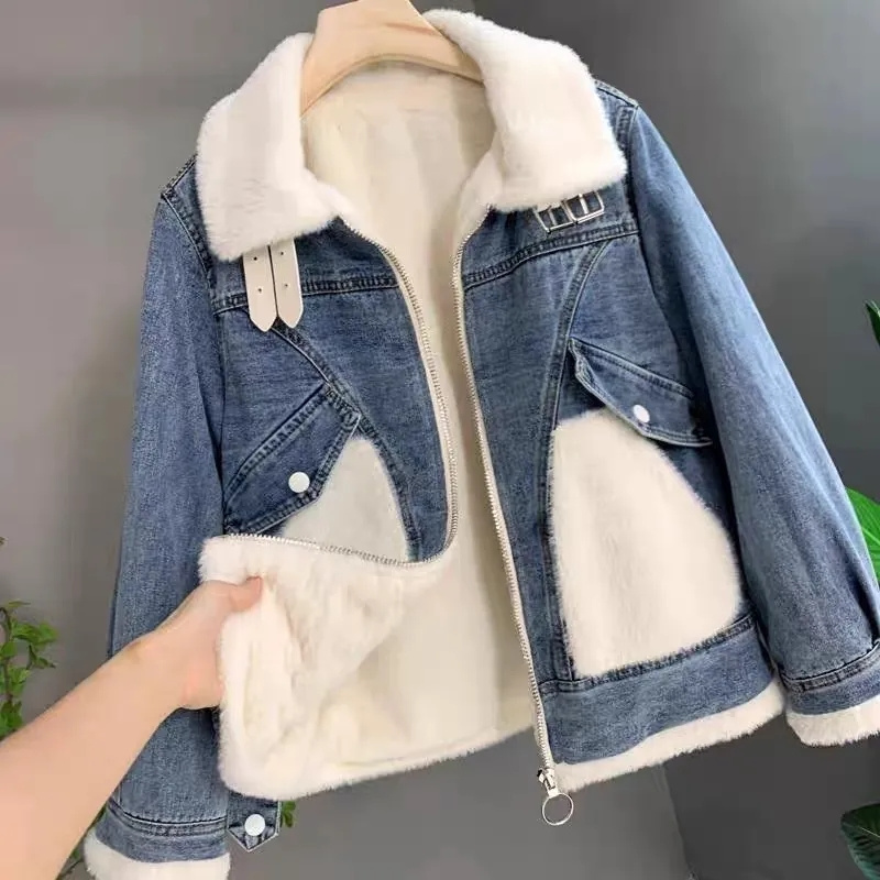 Faux Mink Velvet Stitching Den - Patchwork Jean Jacket reseña y precio